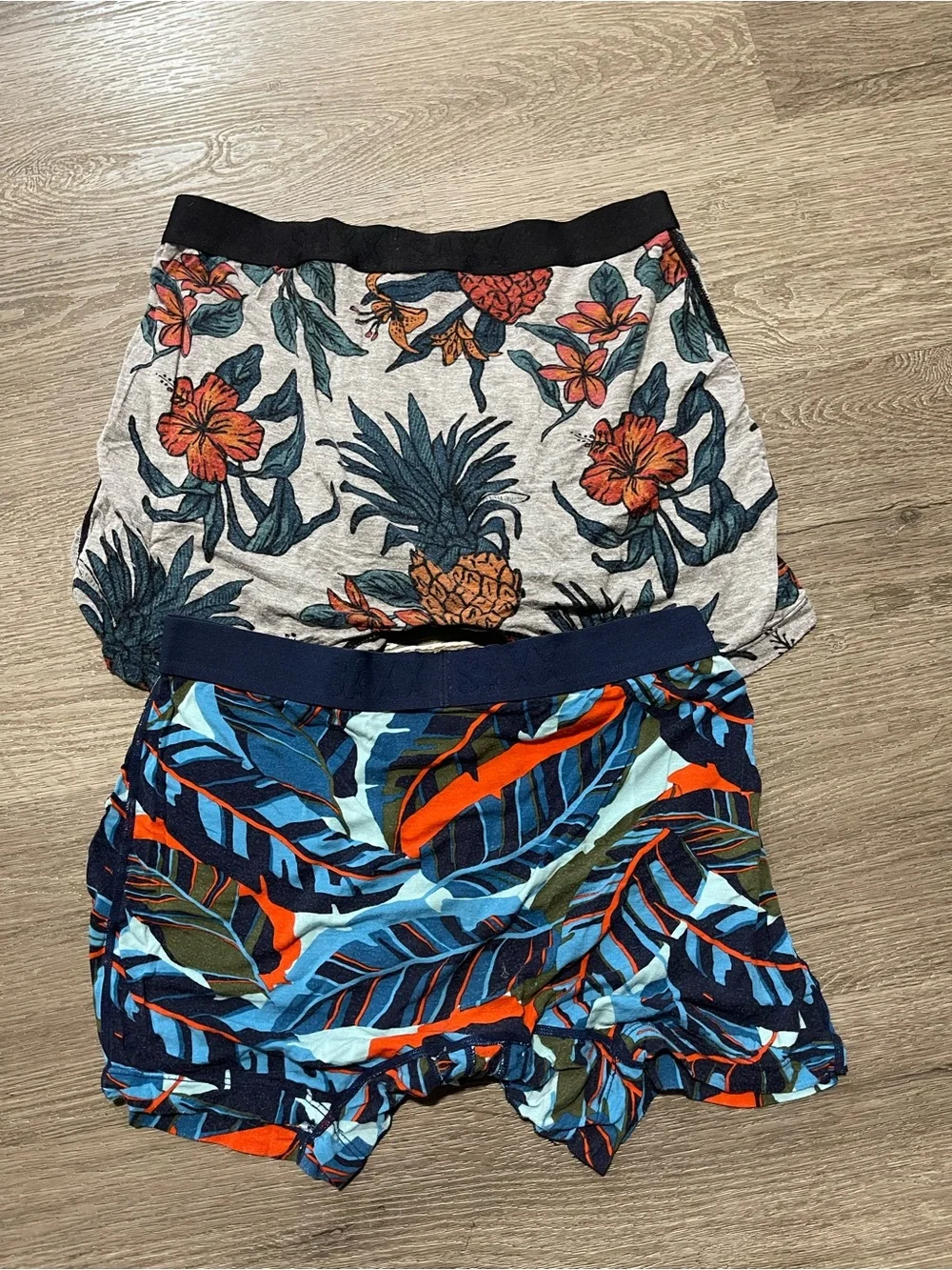Saxx Tropical Boxer Briefs - Navy Blue, Light Blue & Gray with Orange Accents